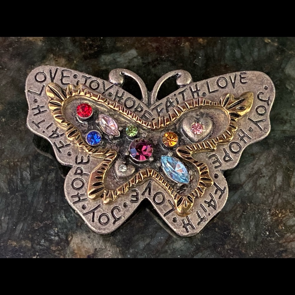 Old CHICOS Butterfly Pendant/Brooch LOVE, JOY, FAITH, HOPE with Rhinestones